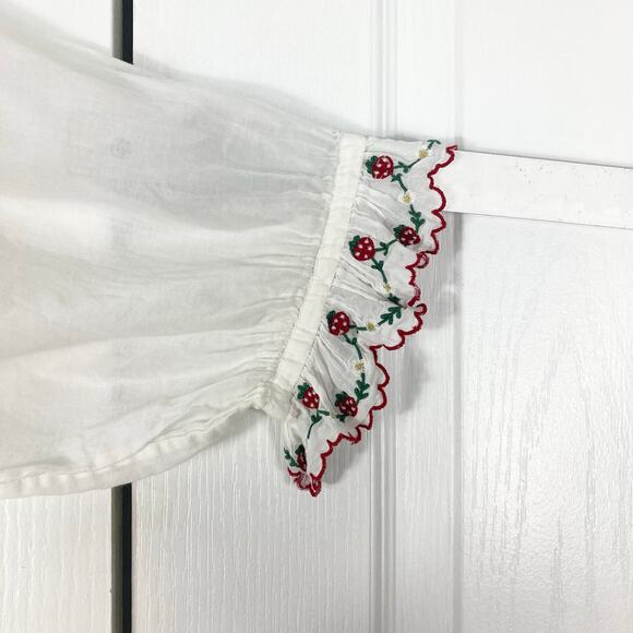 Nwot DOEN Dress XXS White Red-Strawberry Embroidery Ruffle Balloon-1/2Slv Cotton - Picture 7 of 10